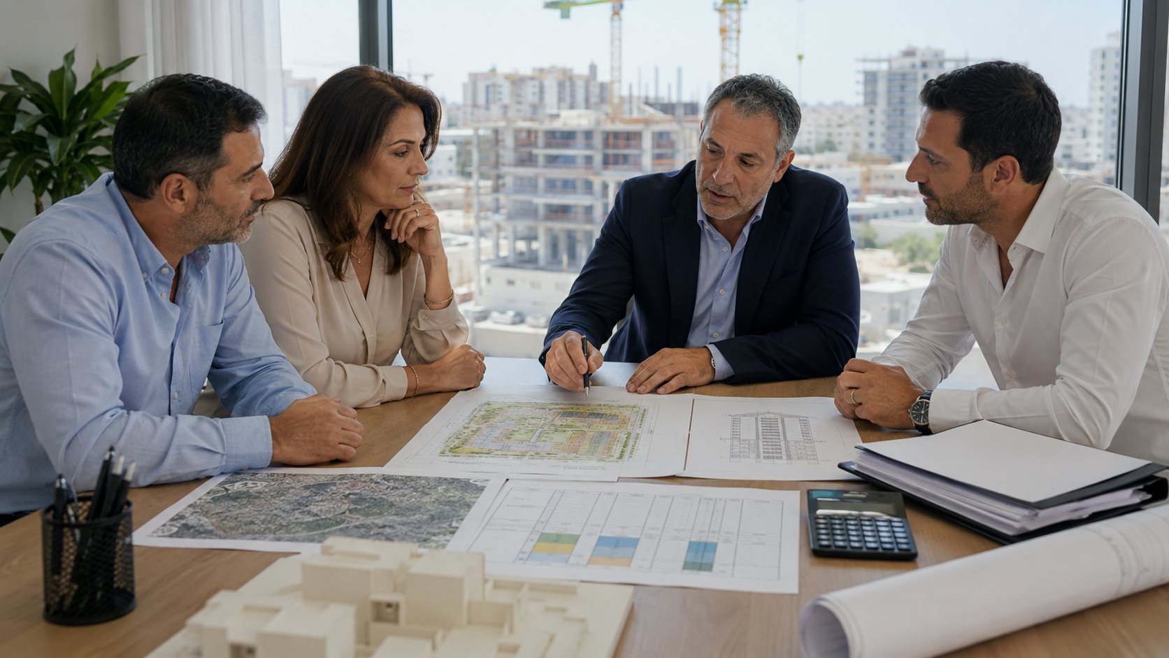 בעלי קרקע יזם ועורך דין בודקים תוכנית וזכויות בנייה לפני עסקת קומבינציה