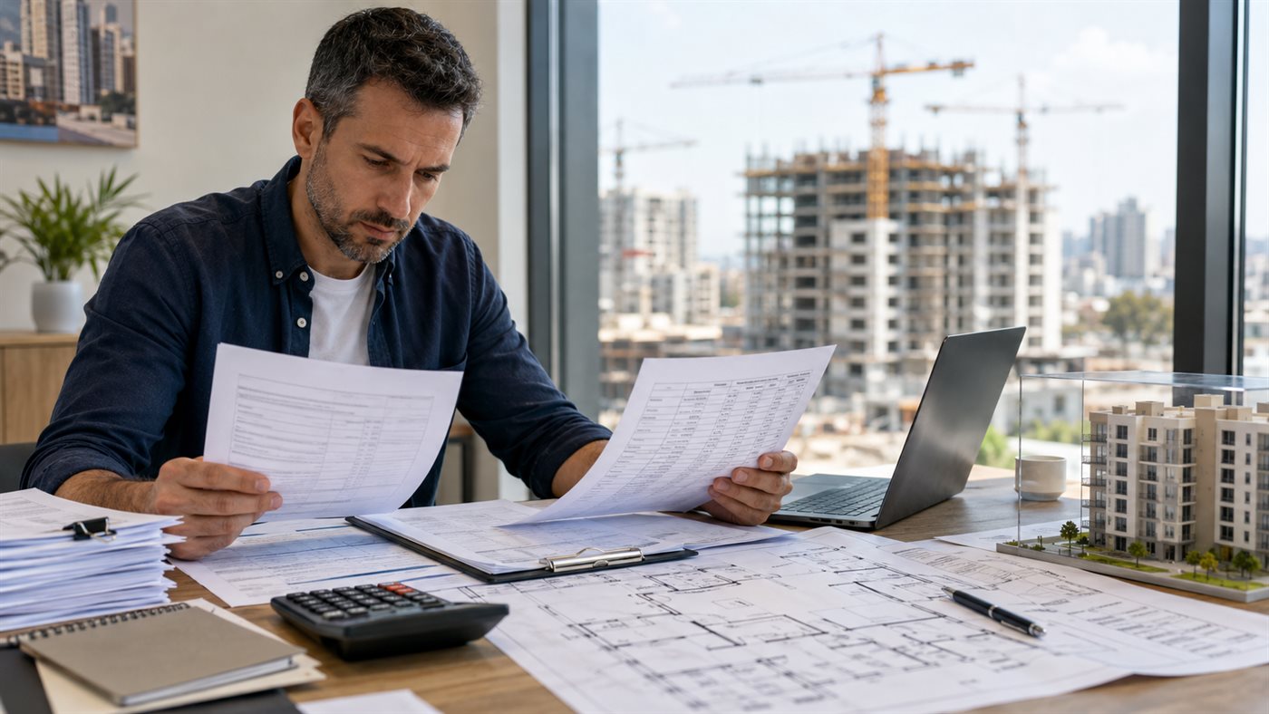 רוכש דירה מקבלן בודק לוח תשלומים ומדד תשומות הבנייה לשנת 2026 מול אתר בנייה
