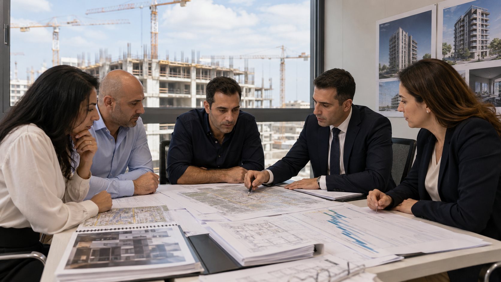 חברי קבוצת רכישה ועורך דין בודקים תוכנית בנייה תקציב ולוחות זמנים לפני הצטרפות