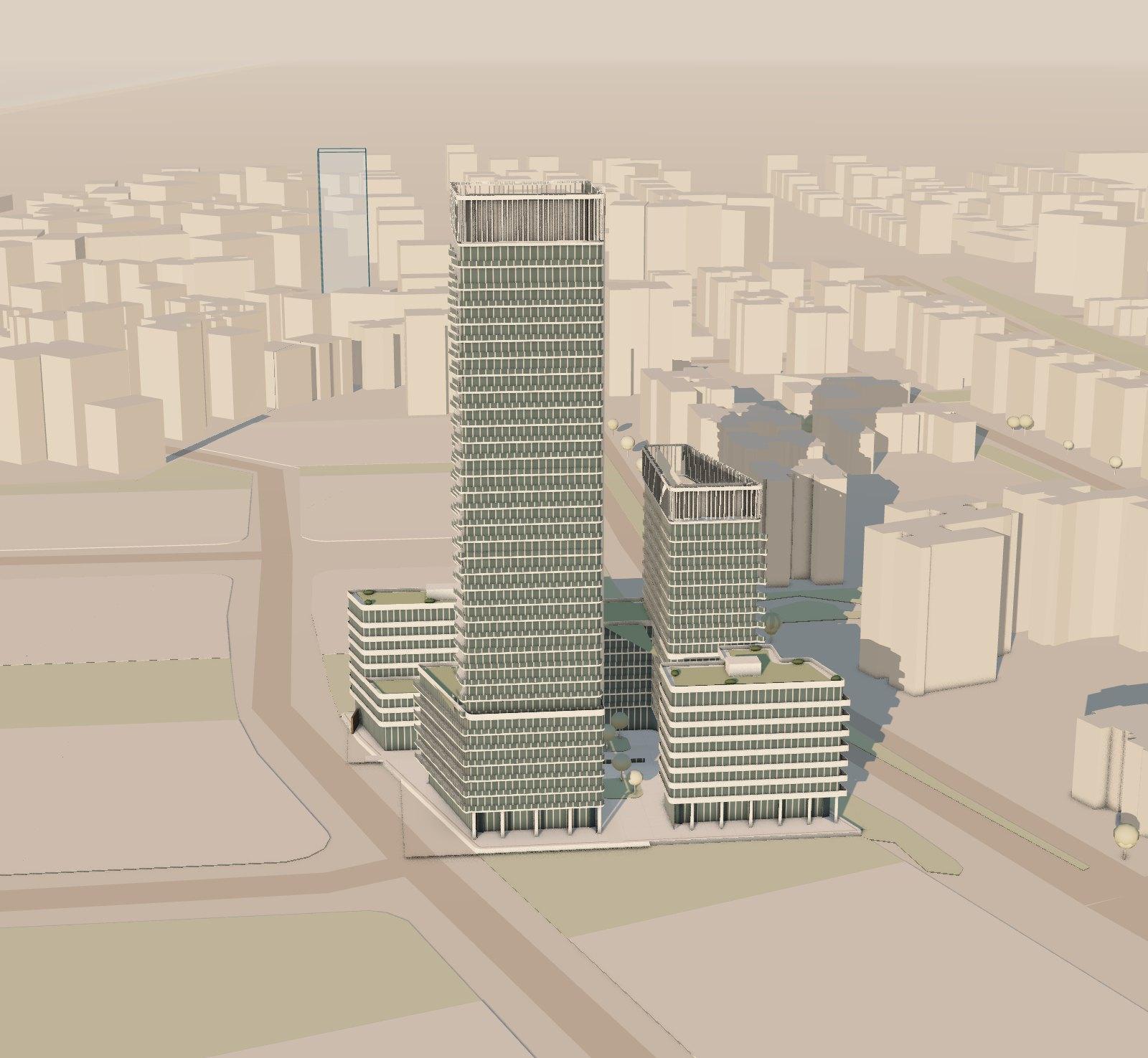 Illustration of the Ashira project in the Sde Dov quarter: a tower, a mid-rise and two low buildings around a courtyard, on lot 101