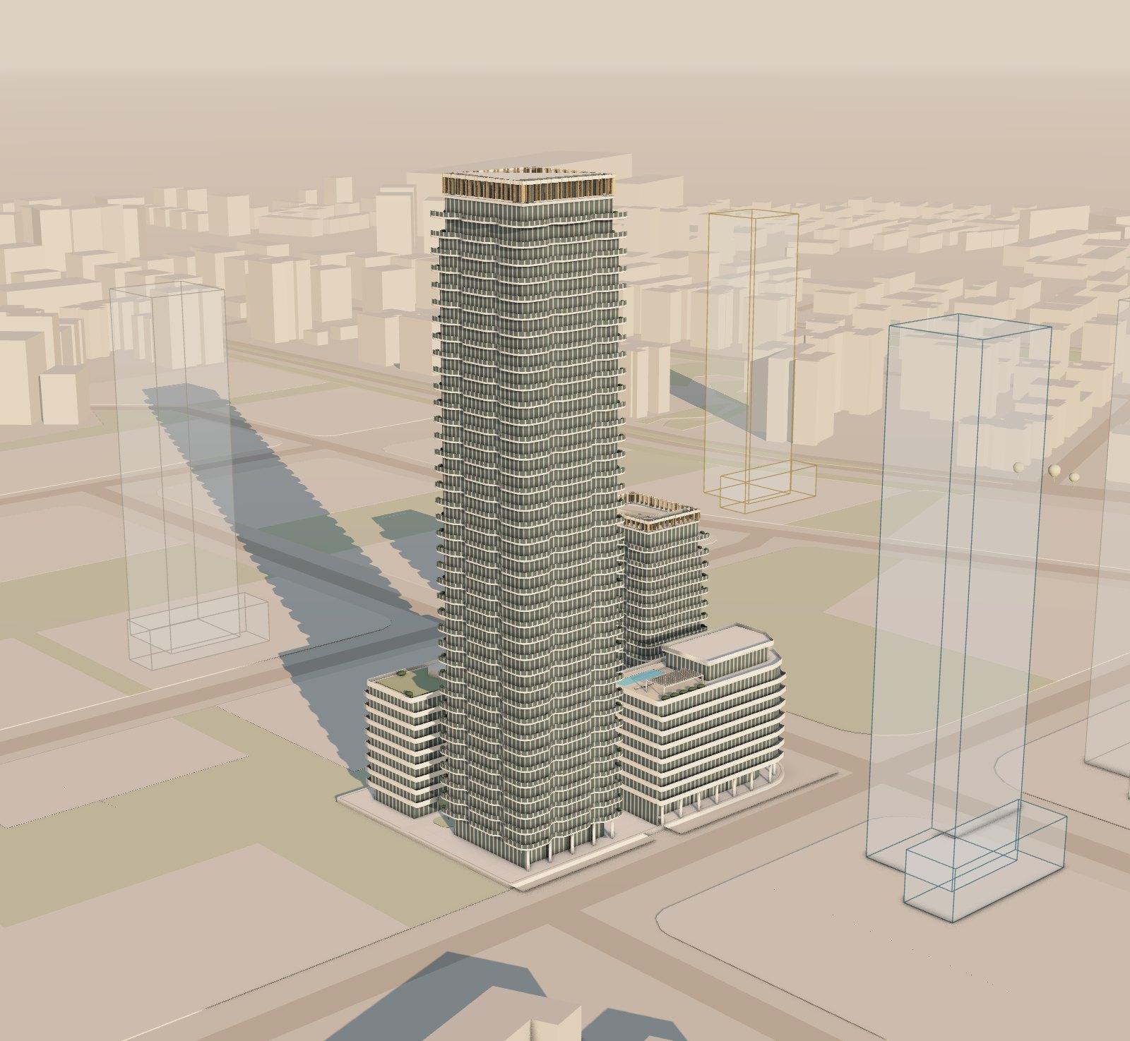 Illustration of Dimri Yama in the Sde Dov quarter: a tower, a mid-rise and two low buildings around a garden, on lot 107