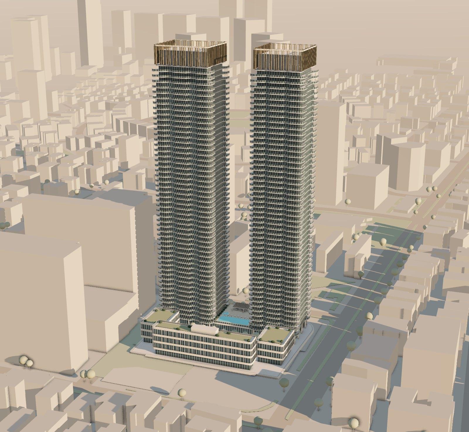 Illustration of DUO Tel Aviv: two residential towers, the lobby building between them and the complex's retail buildings