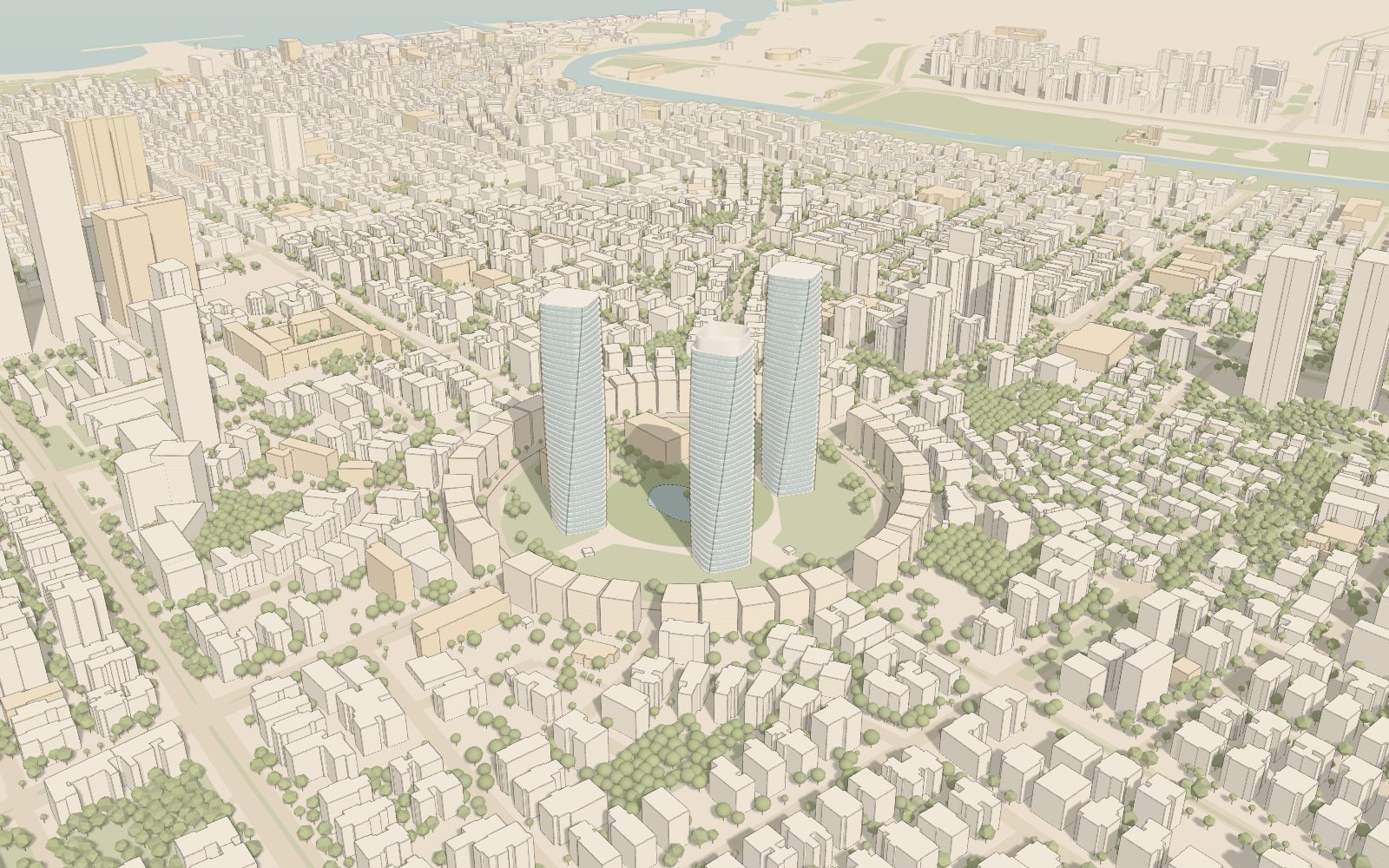הדמיה של מגדלי כיכר המדינה בתל אביב: שלושה מגדלים מסתובבים סביב הפארק והאגם, בלב טבעת הבניינים של הכיכר ובתוך העיר עד הים