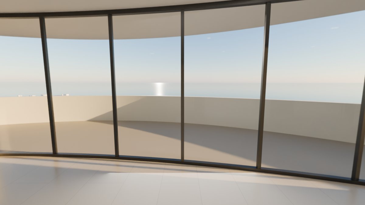 The living room of the example apartment on floor 25, looking out to sea (illustration)