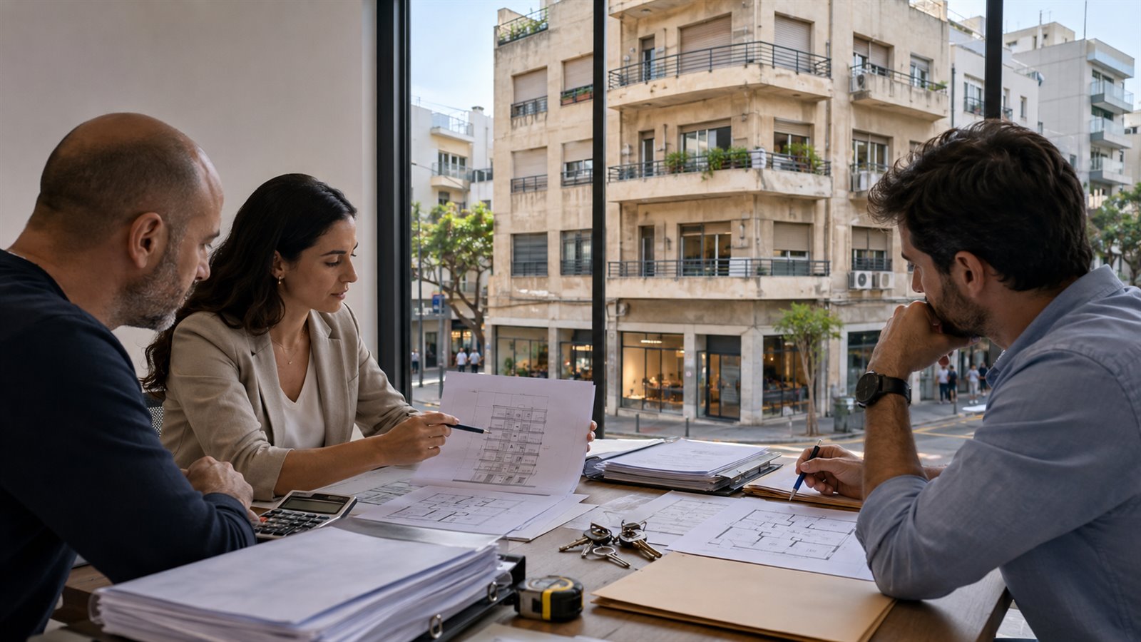 משקיע ויועצים בודקים בניין שלם למכירה בתל אביב