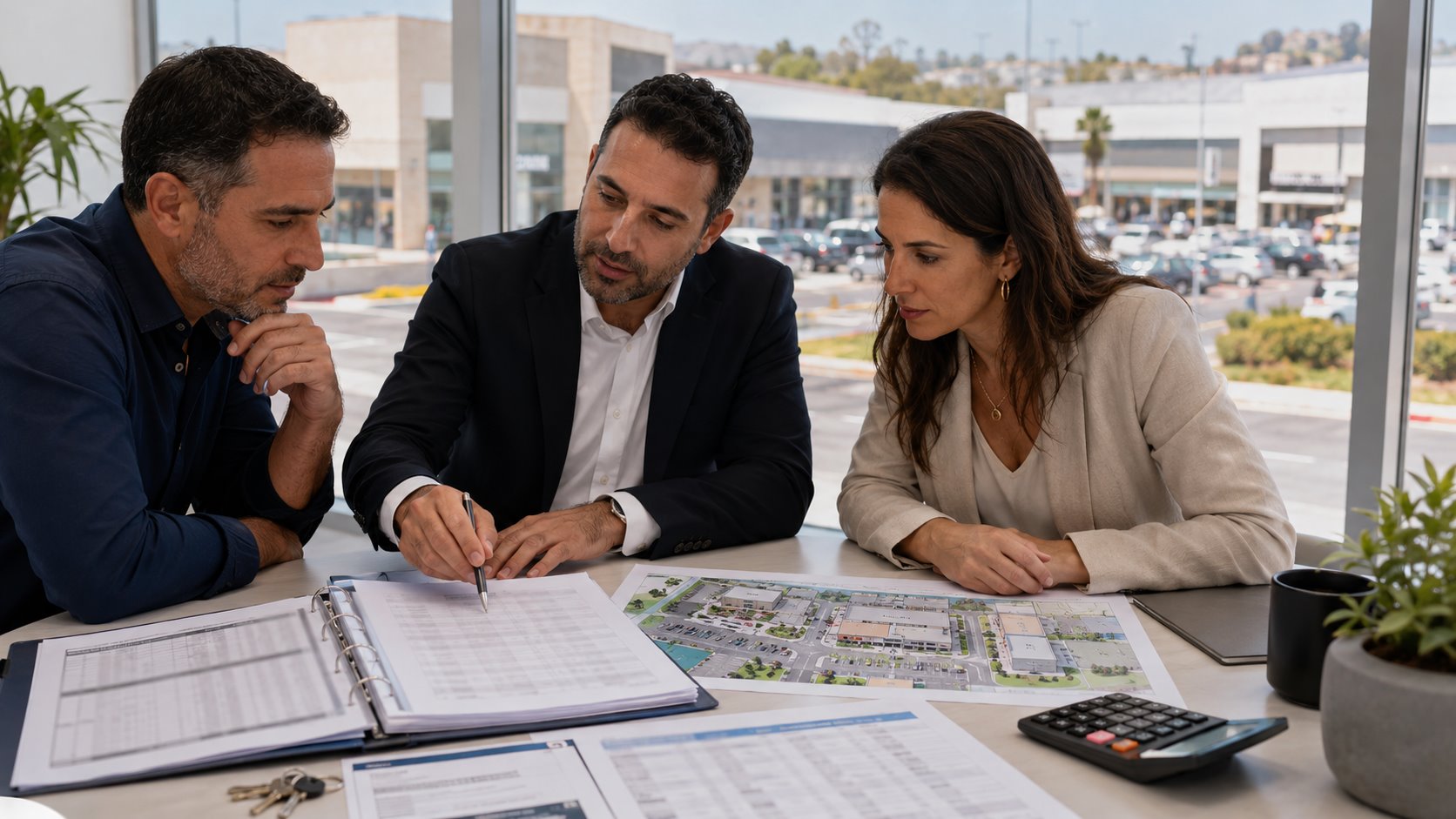 משקיעים בוחנים מרכז מסחרי להשקעה עם יועץ ומנהל נכסים