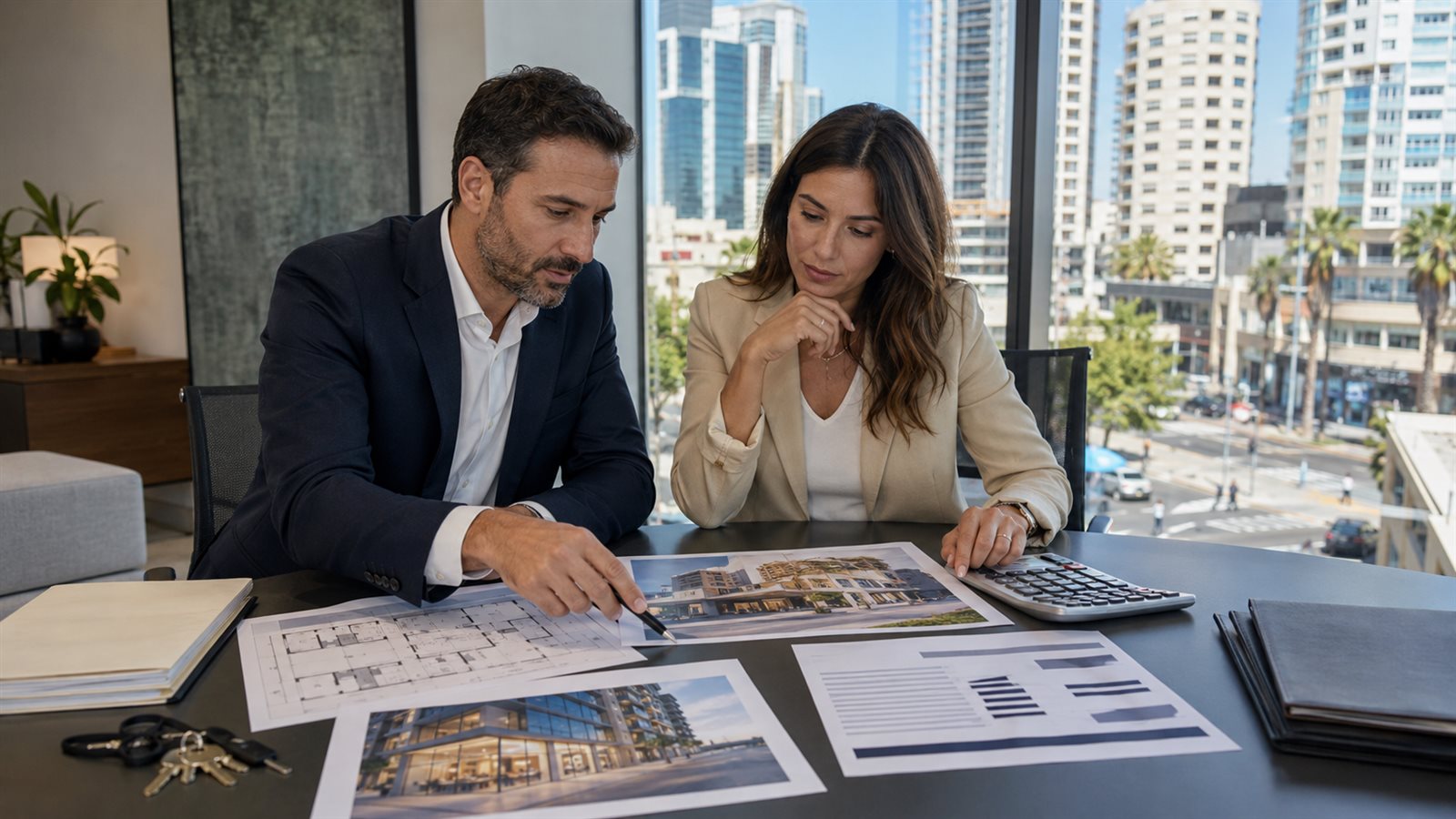משקיע ויועץ בוחנים סוגי נכסים מסחריים בתל אביב