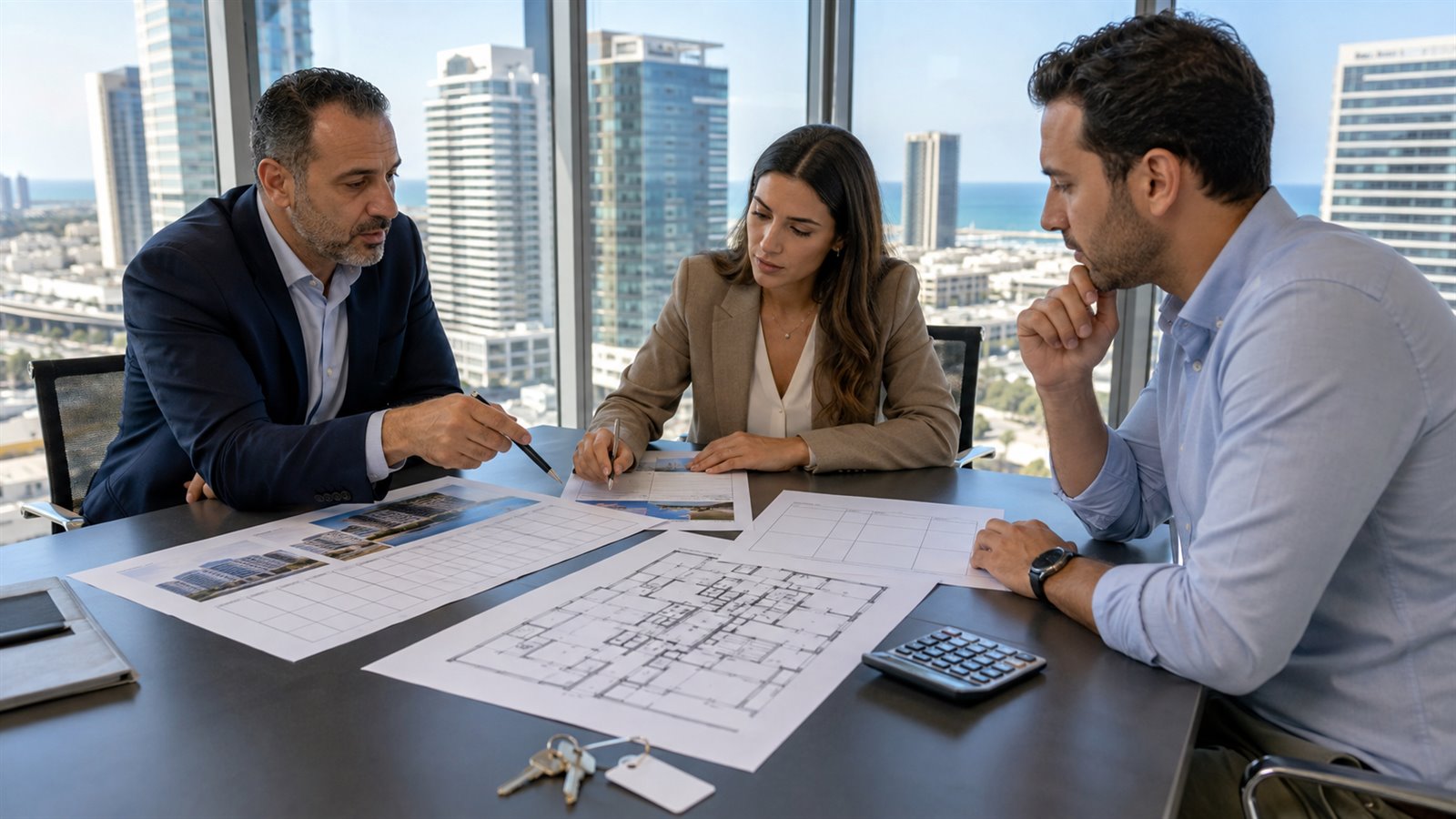 קונים ויועץ בודקים טבלת מחירי משרדים בהרצליה פיתוח