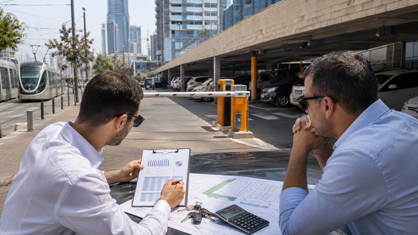 משקיע ויועץ בודקים חניון למכירה בתל אביב