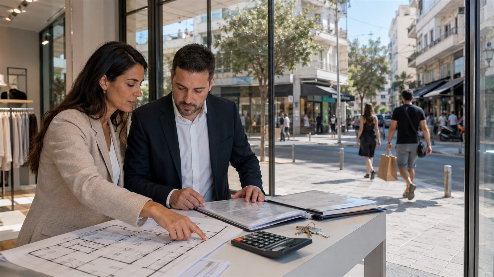קונה ויועץ בודקים חנות חזיתית בתל אביב עם תוכנית נכס ומפתחות