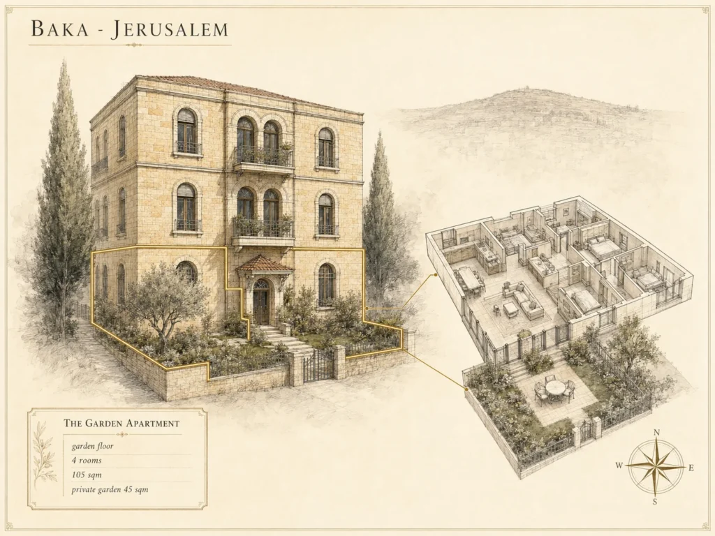 דירת גן 4 חדרים בבקעה, ירושלים — גינה של 45 מ״ר