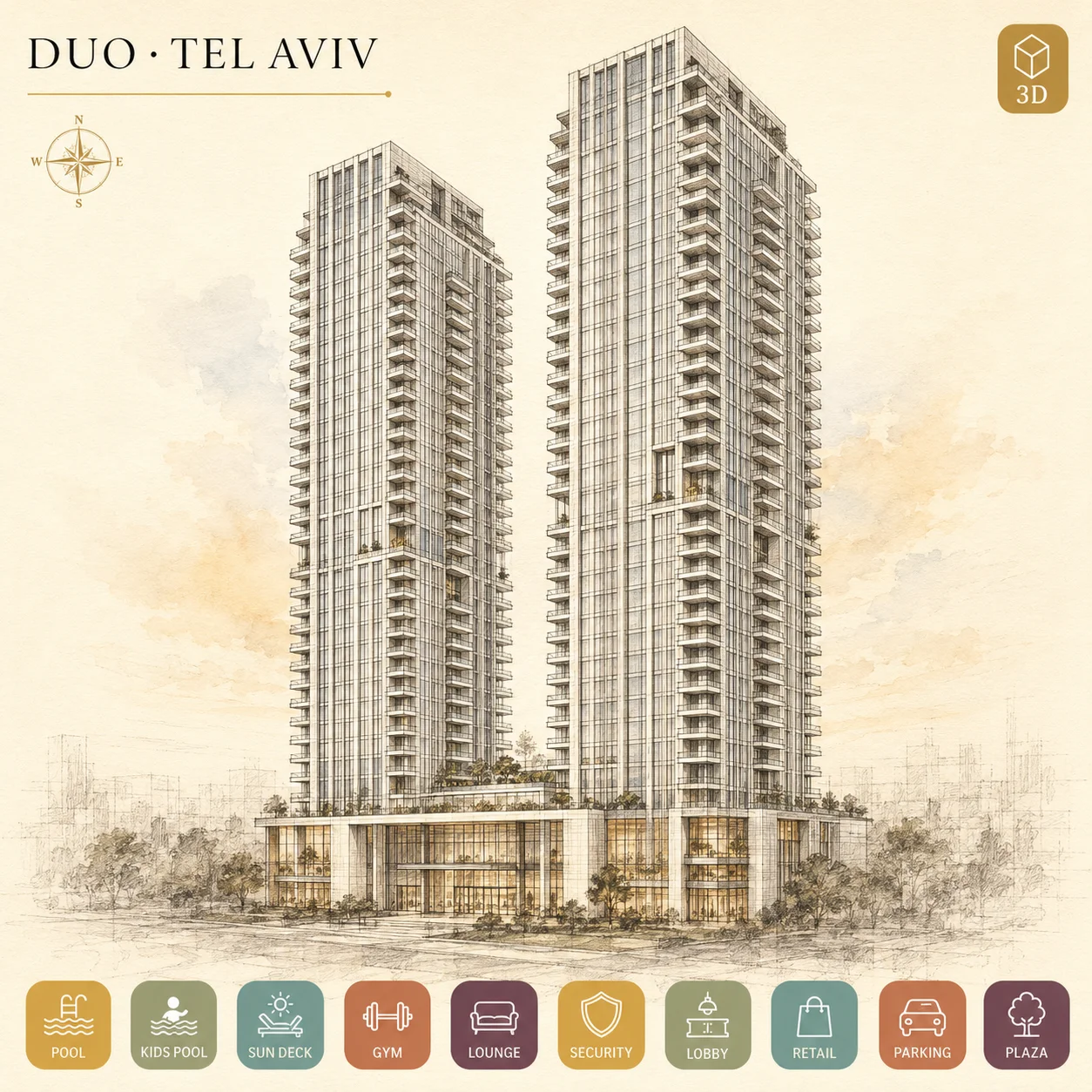מגדלי DUO תל אביב - שני מגדלי 54 קומות במתחם סומייל