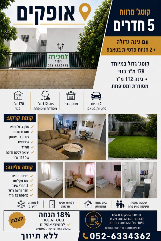 למכירה באופקים שכונת שפירא קוטג 5 חדרים